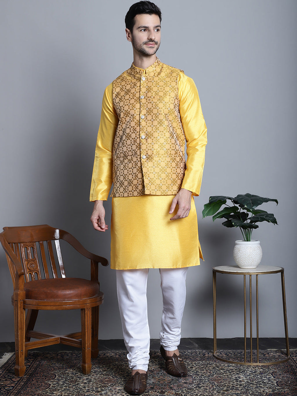 Jompers Men's Woven Design Nehru Jacket With Kurta Pyjama Set - Mustard