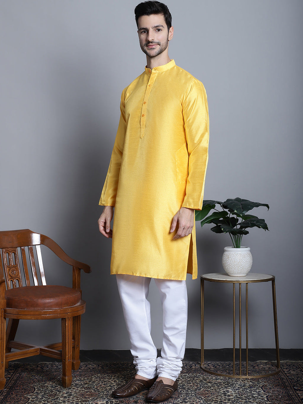 Jompers Men's Woven Design Nehru Jacket With Kurta Pyjama Set - Mustard