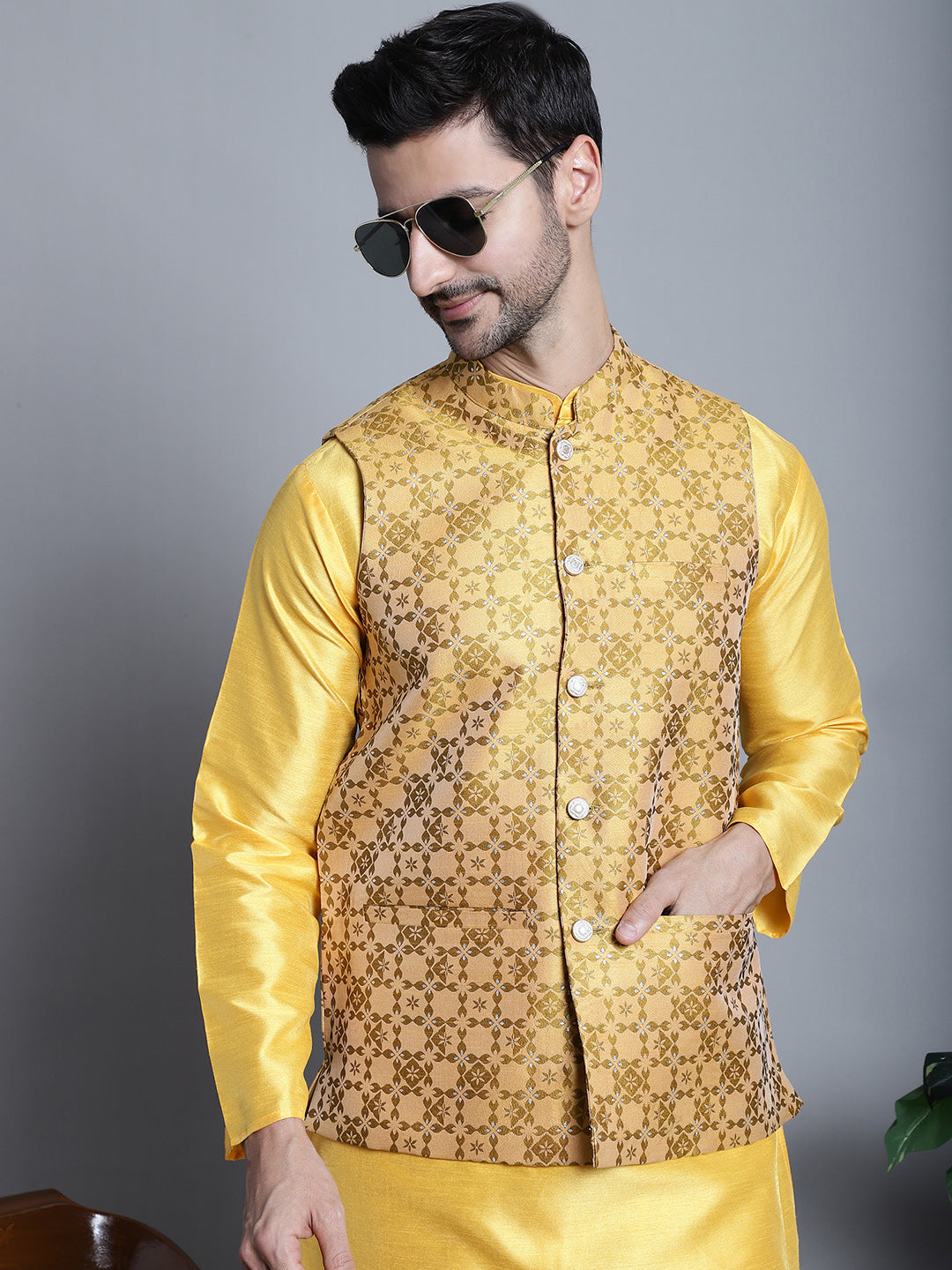 Jompers Men's Woven Design Nehru Jacket With Kurta Pyjama Set - Mustard