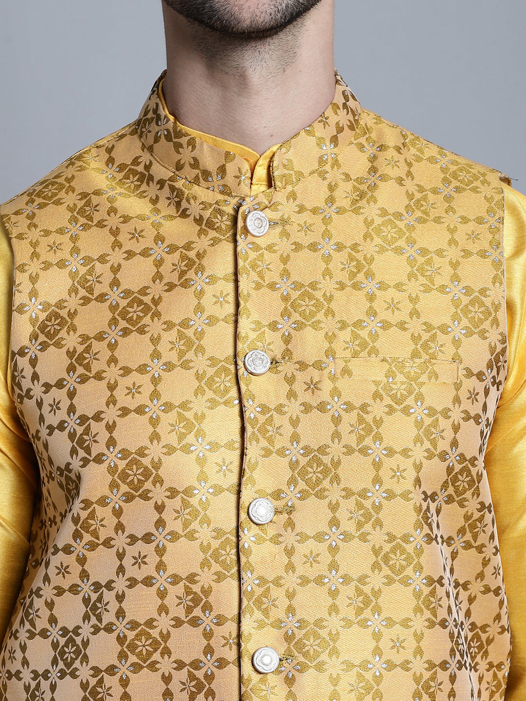 Jompers Men's Woven Design Nehru Jacket With Kurta Pyjama Set - Mustard