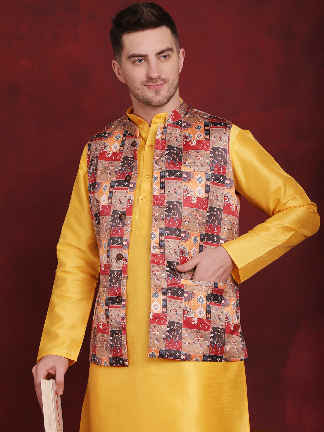 Jompers Men's Multi Printed Nehru Jacket With Kurta Pyjama Set