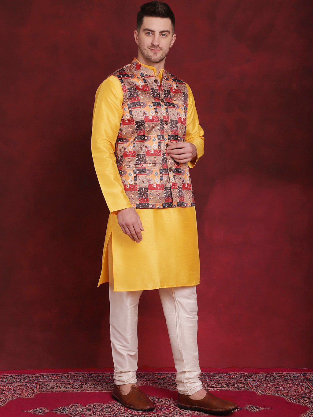Jompers Men's Multi Printed Nehru Jacket With Kurta Pyjama Set