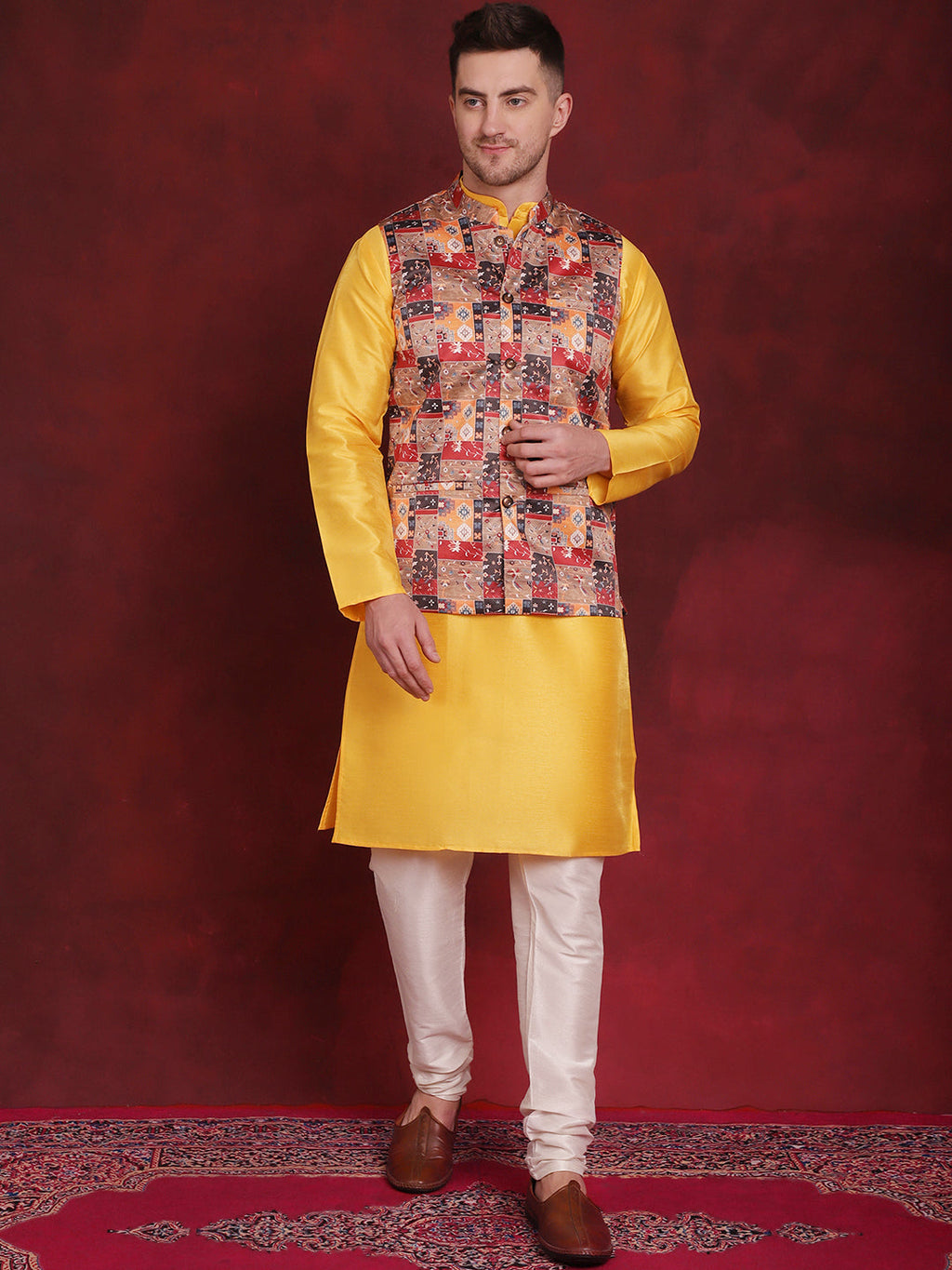 Jompers Men's Multi Printed Nehru Jacket With Kurta Pyjama Set