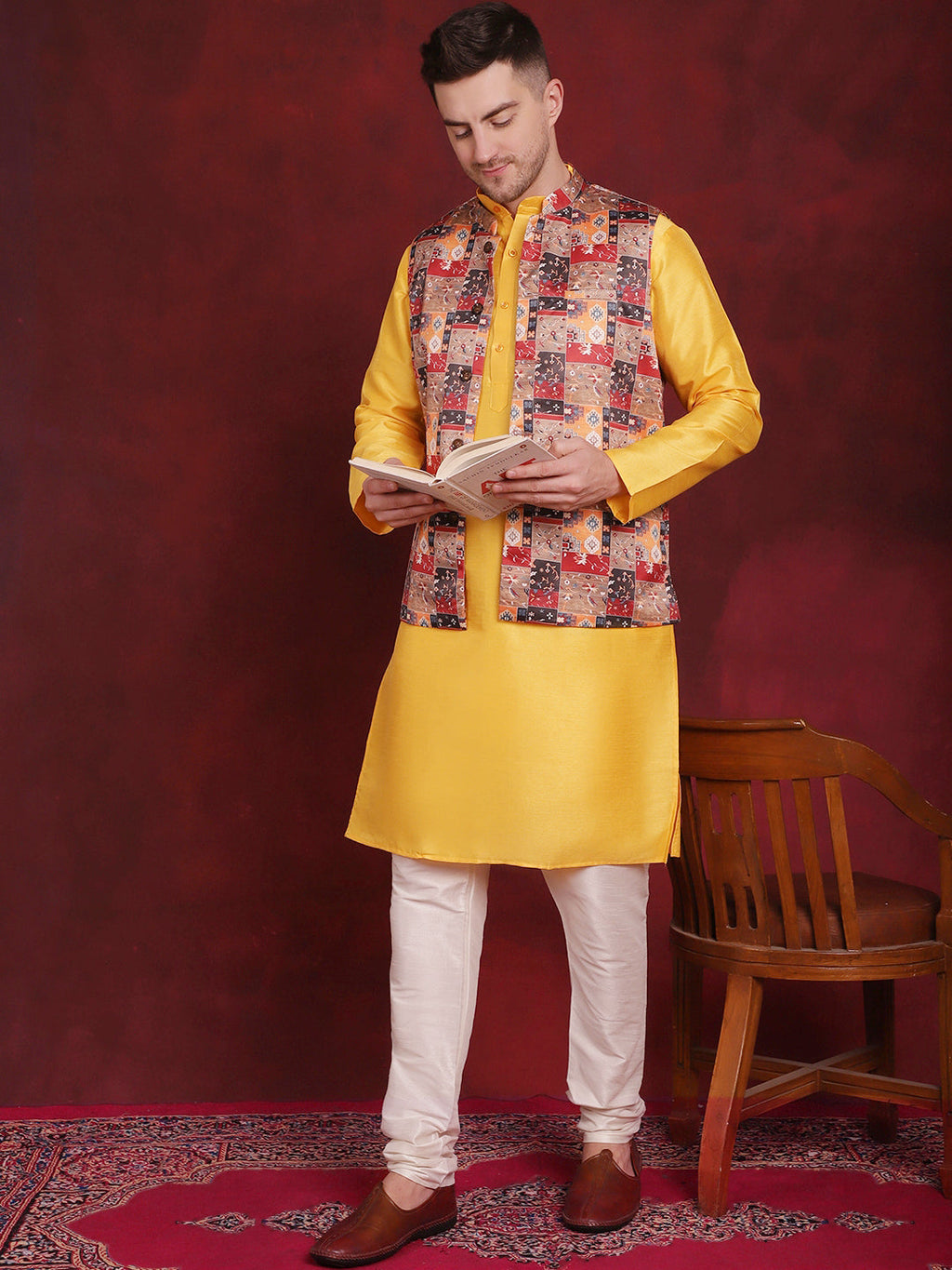 Jompers Men's Multi Printed Nehru Jacket With Kurta Pyjama Set