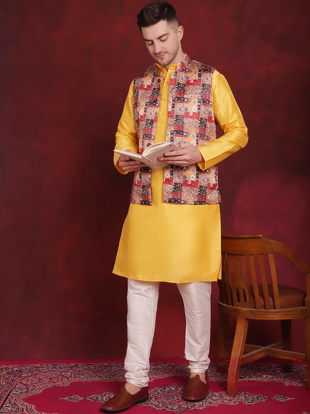 Jompers Men's Multi Printed Nehru Jacket With Kurta Pyjama Set