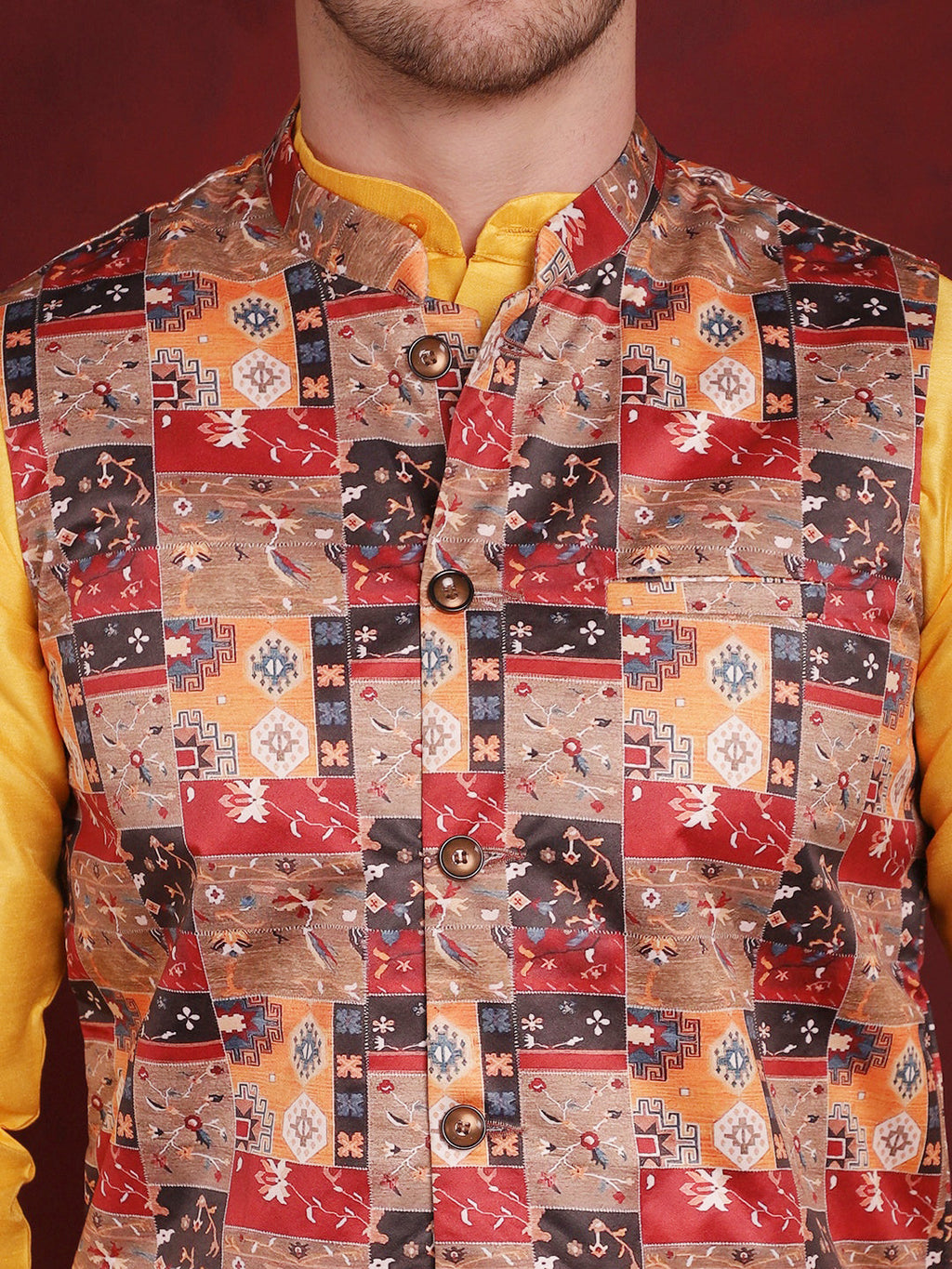 Jompers Men's Multi Printed Nehru Jacket With Kurta Pyjama Set