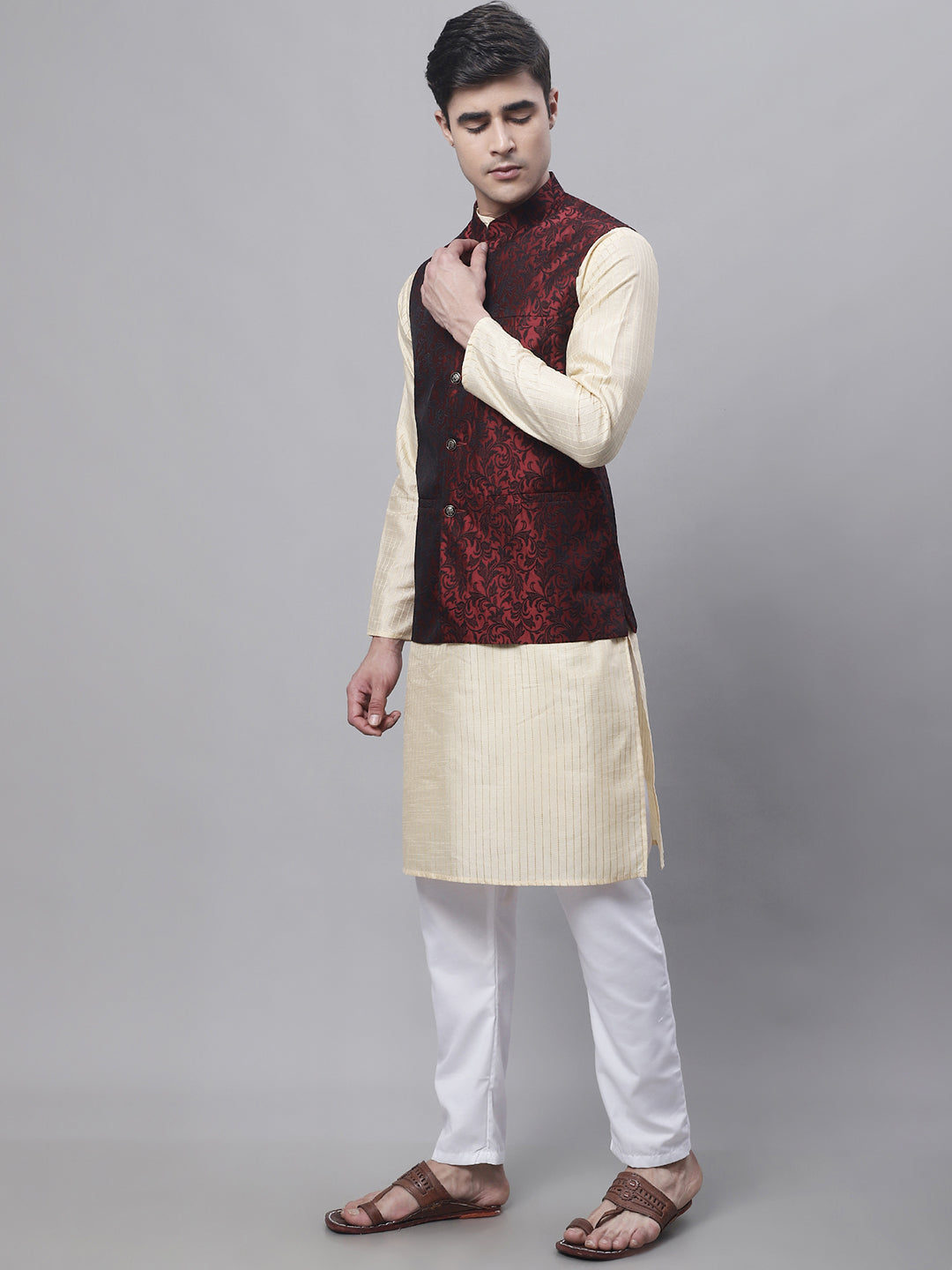 Jompers Men's Beige Embroidered Kurta Pyjama With Woven Design Nehru Jacket