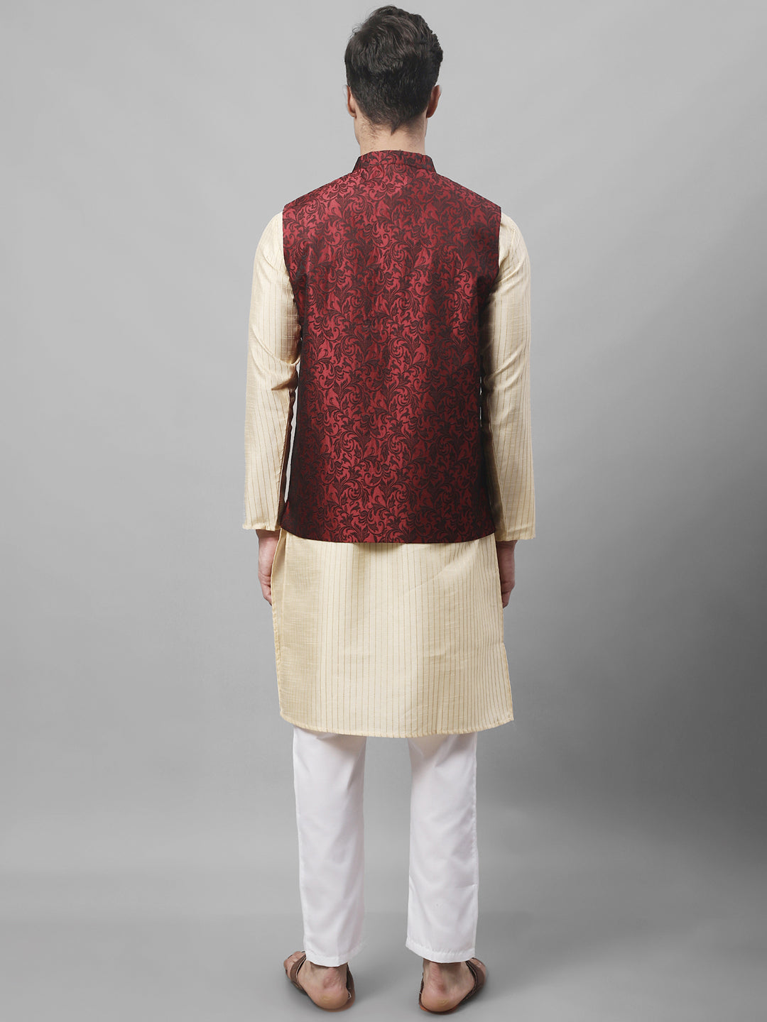 Jompers Men's Beige Embroidered Kurta Pyjama With Woven Design Nehru Jacket