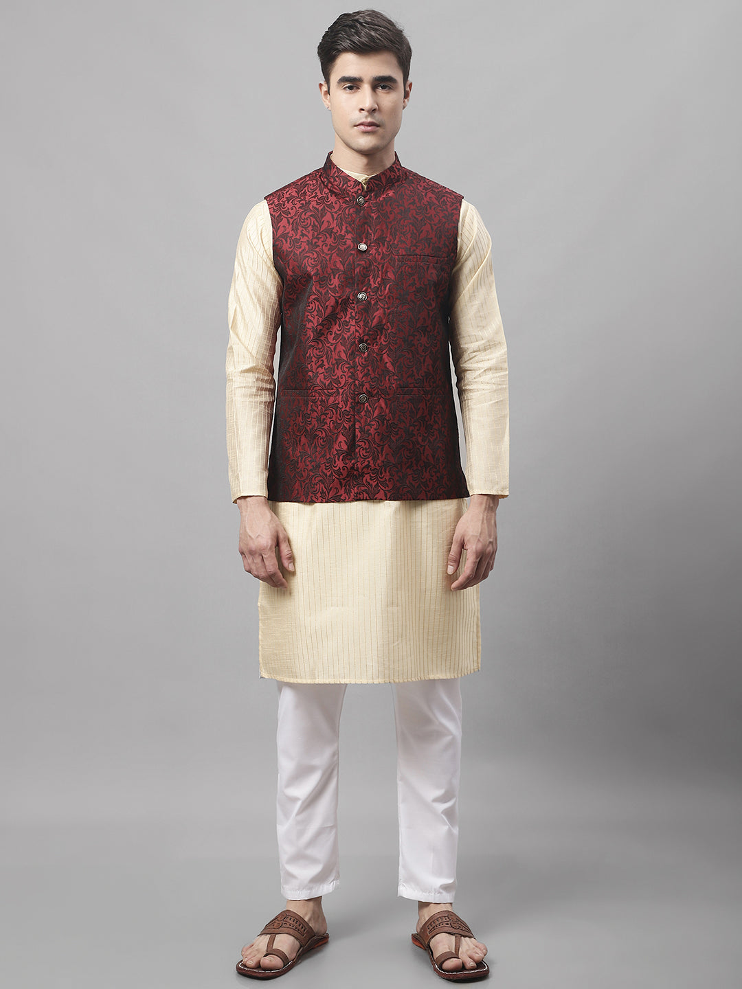 Jompers Men's Beige Embroidered Kurta Pyjama With Woven Design Nehru Jacket