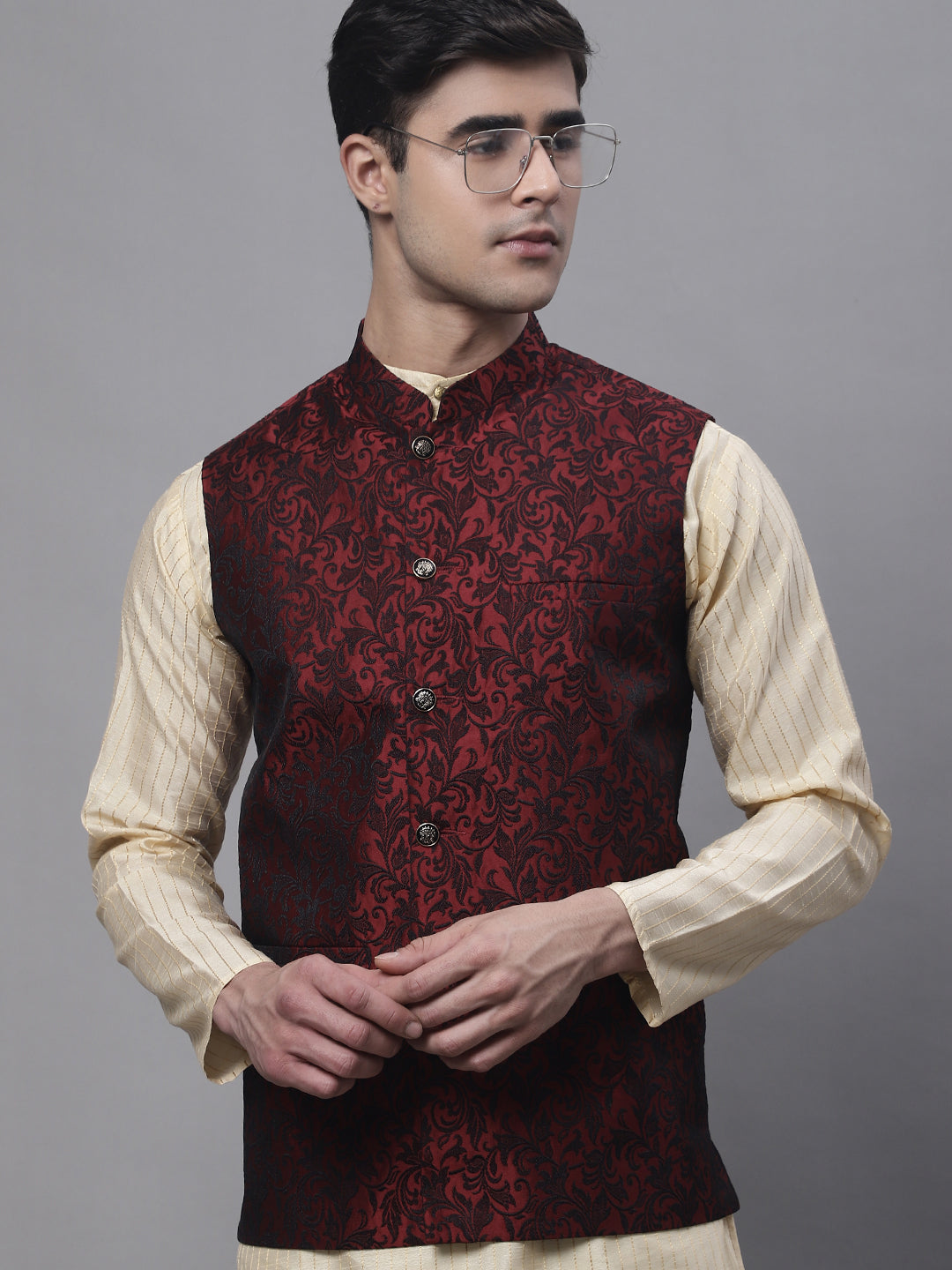 Jompers Men's Beige Embroidered Kurta Pyjama With Woven Design Nehru Jacket