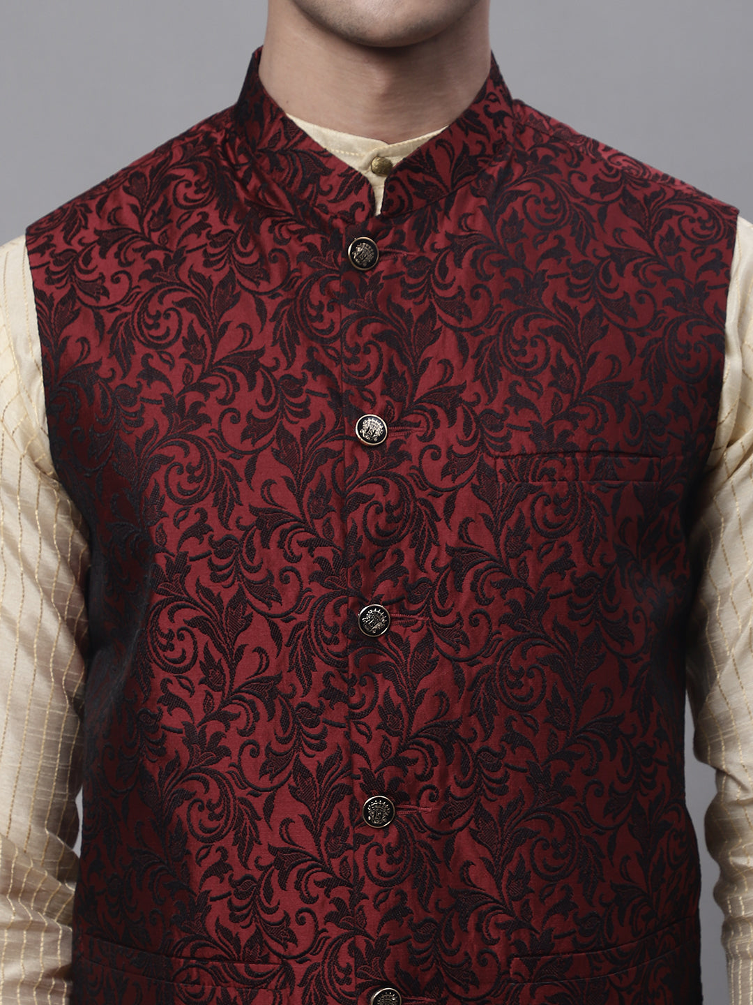 Jompers Men's Beige Embroidered Kurta Pyjama With Woven Design Nehru Jacket