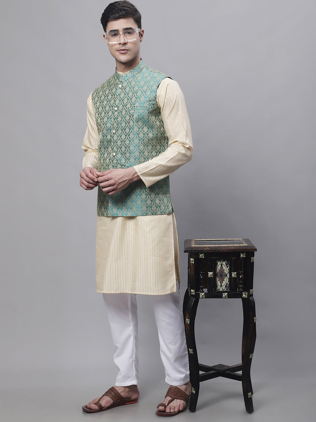 Jompers Men's Beige Embroidered Kurta Pyjama With Green Woven Design Nehru Jacket