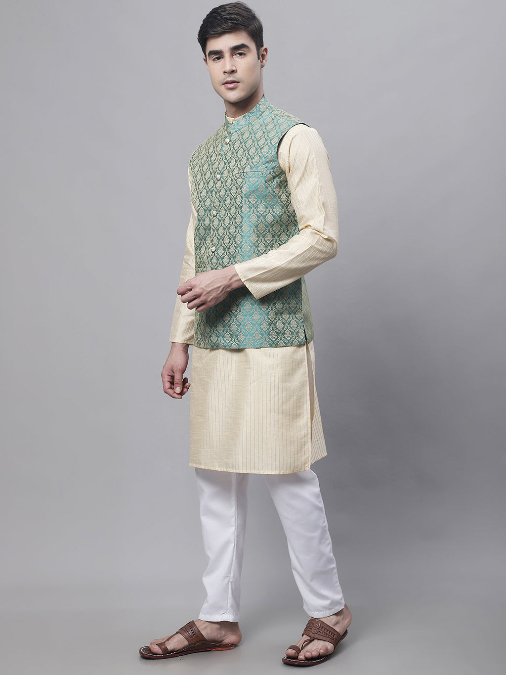 Jompers Men's Beige Embroidered Kurta Pyjama With Green Woven Design Nehru Jacket