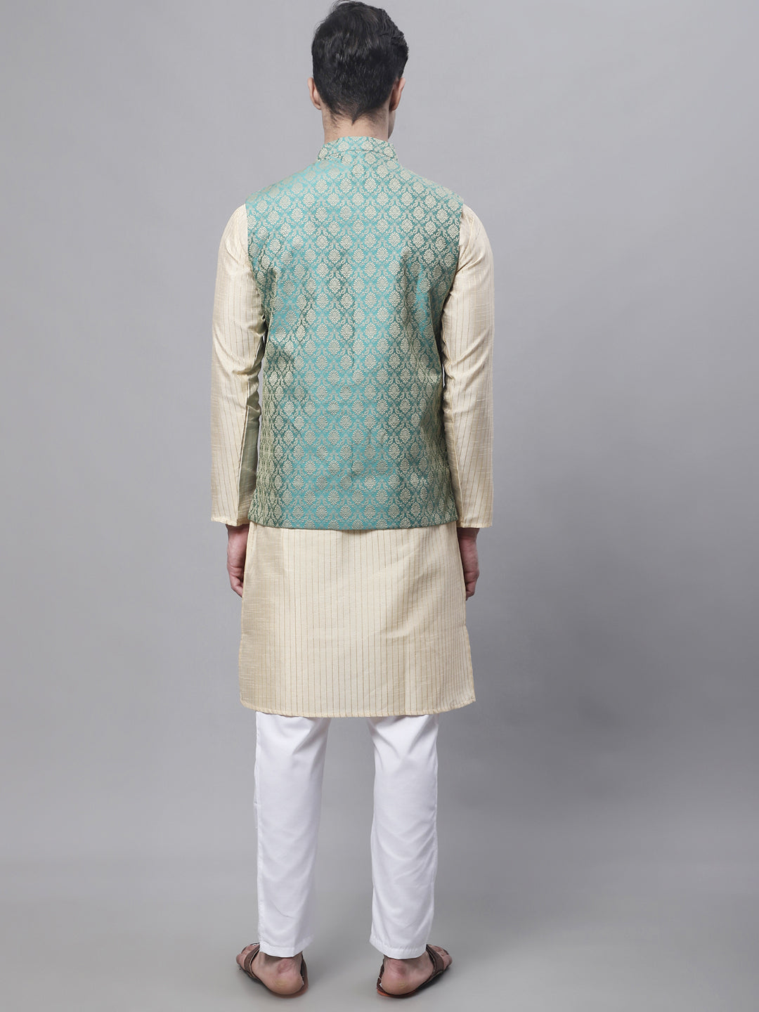 Jompers Men's Beige Embroidered Kurta Pyjama With Green Woven Design Nehru Jacket