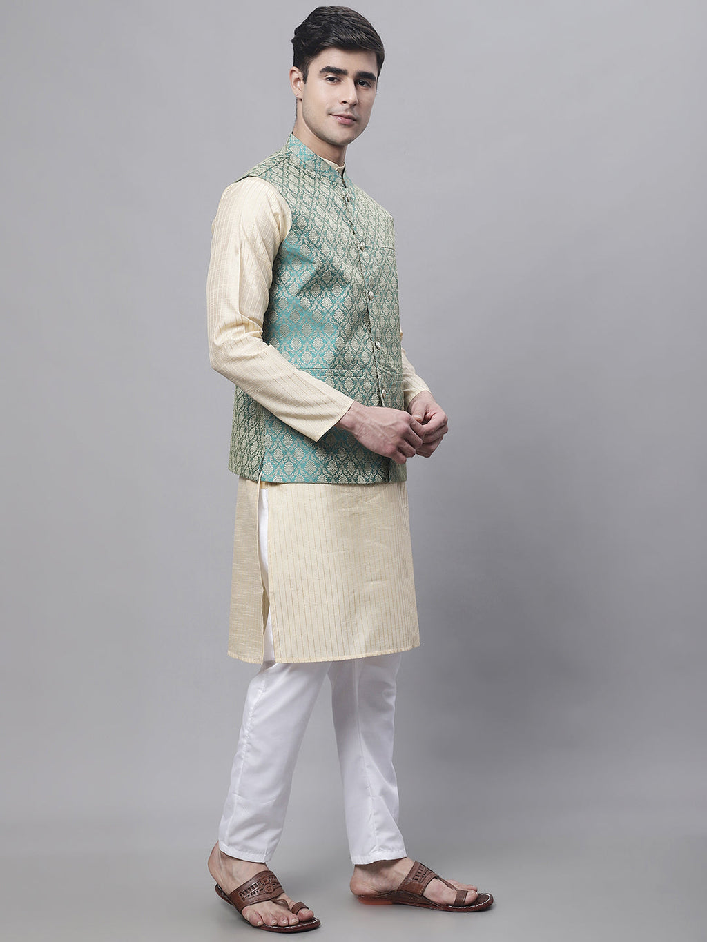 Jompers Men's Beige Embroidered Kurta Pyjama With Green Woven Design Nehru Jacket