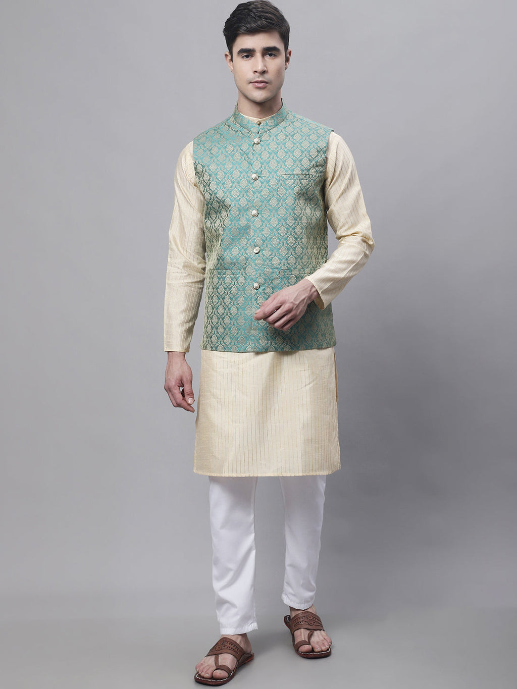 Jompers Men's Beige Embroidered Kurta Pyjama With Green Woven Design Nehru Jacket