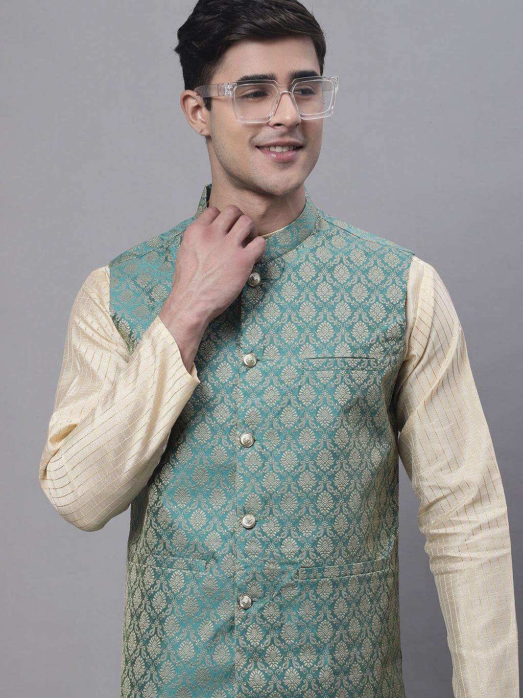 Jompers Men's Beige Embroidered Kurta Pyjama With Green Woven Design Nehru Jacket