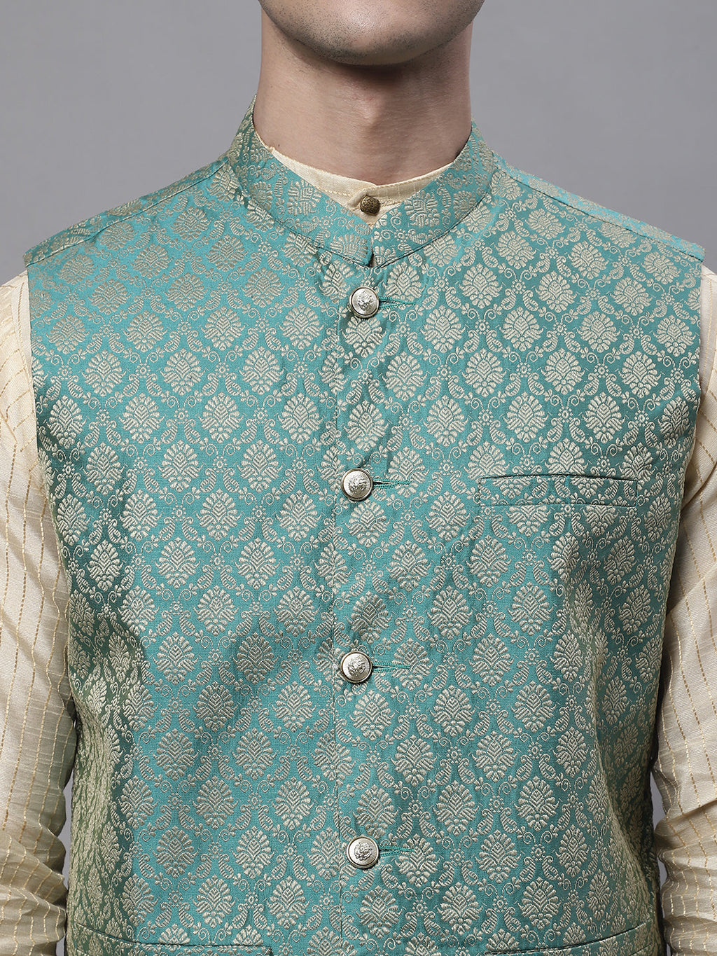 Jompers Men's Beige Embroidered Kurta Pyjama With Green Woven Design Nehru Jacket
