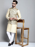Jompers Men's Beige Embroidered Kurta Pyjama With Woven Design Nehru Jacket