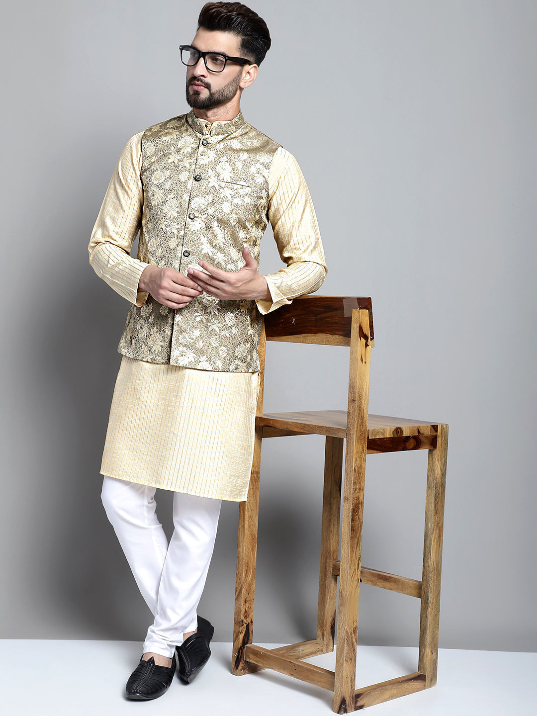 Jompers Men's Beige Embroidered Kurta Pyjama With Woven Design Nehru Jacket