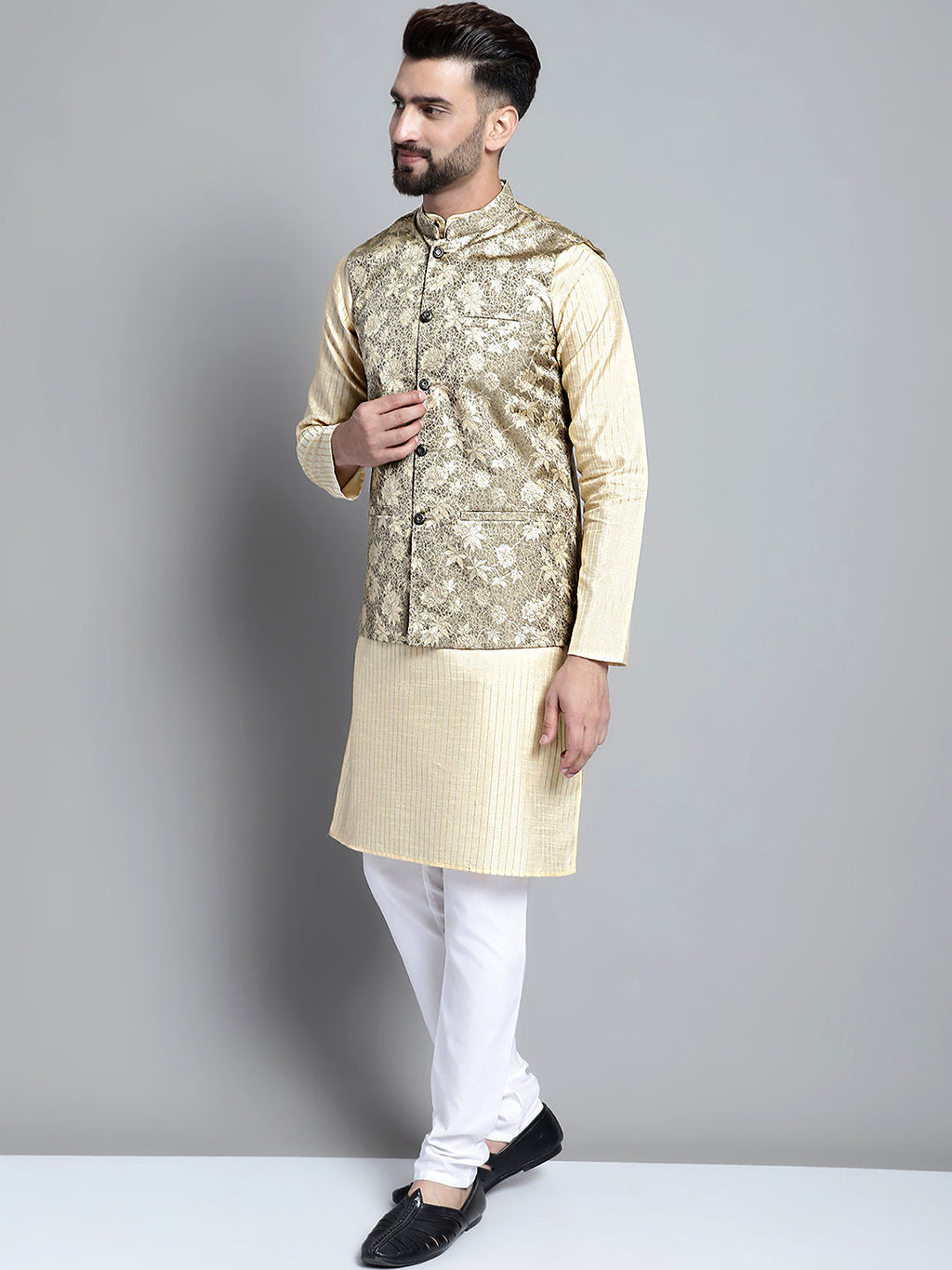 Jompers Men's Beige Embroidered Kurta Pyjama With Woven Design Nehru Jacket
