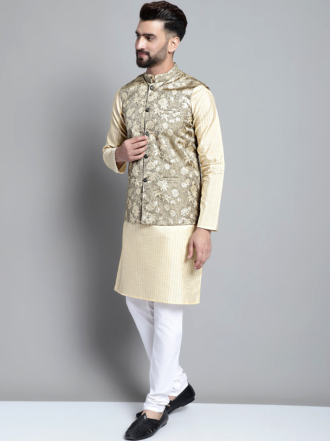 Jompers Men's Beige Embroidered Kurta Pyjama With Woven Design Nehru Jacket