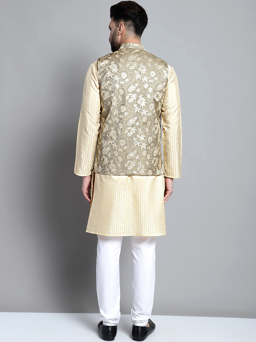 Jompers Men's Beige Embroidered Kurta Pyjama With Woven Design Nehru Jacket