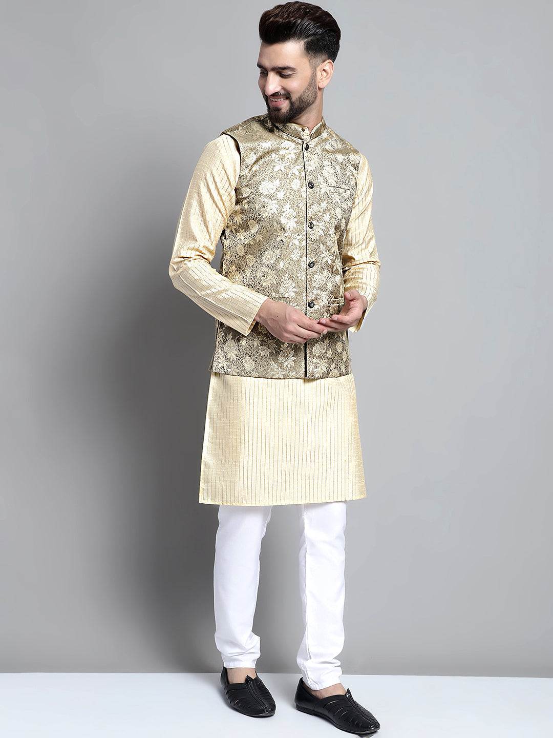 Jompers Men's Beige Embroidered Kurta Pyjama With Woven Design Nehru Jacket