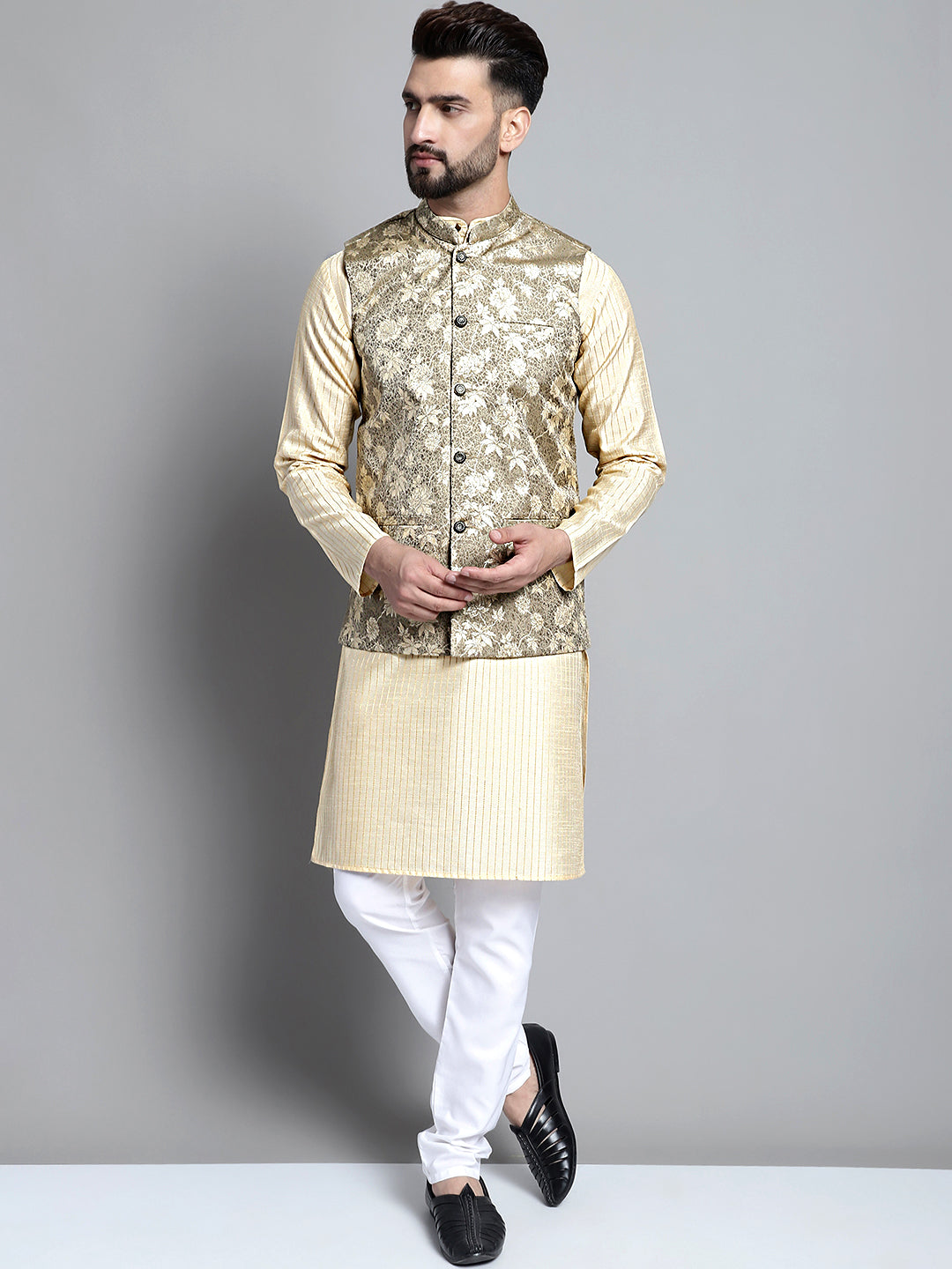 Jompers Men's Beige Embroidered Kurta Pyjama With Woven Design Nehru Jacket