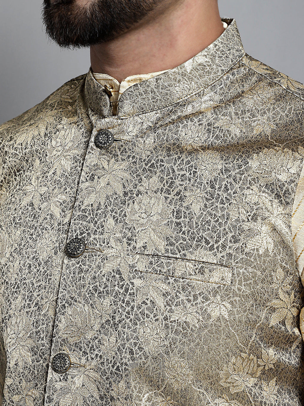Jompers Men's Beige Embroidered Kurta Pyjama With Woven Design Nehru Jacket