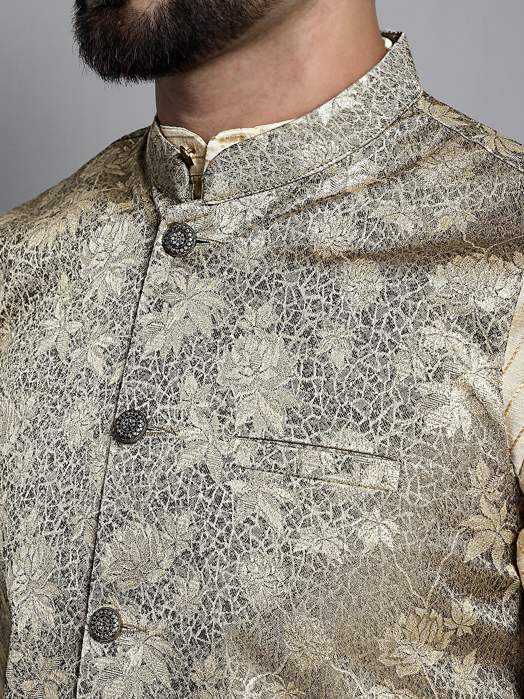 Jompers Men's Beige Embroidered Kurta Pyjama With Woven Design Nehru Jacket