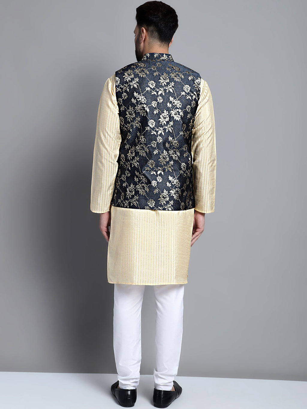 Jompers Men's Beige Embroidered Kurta Pyjama With Woven Design Nehru Jacket