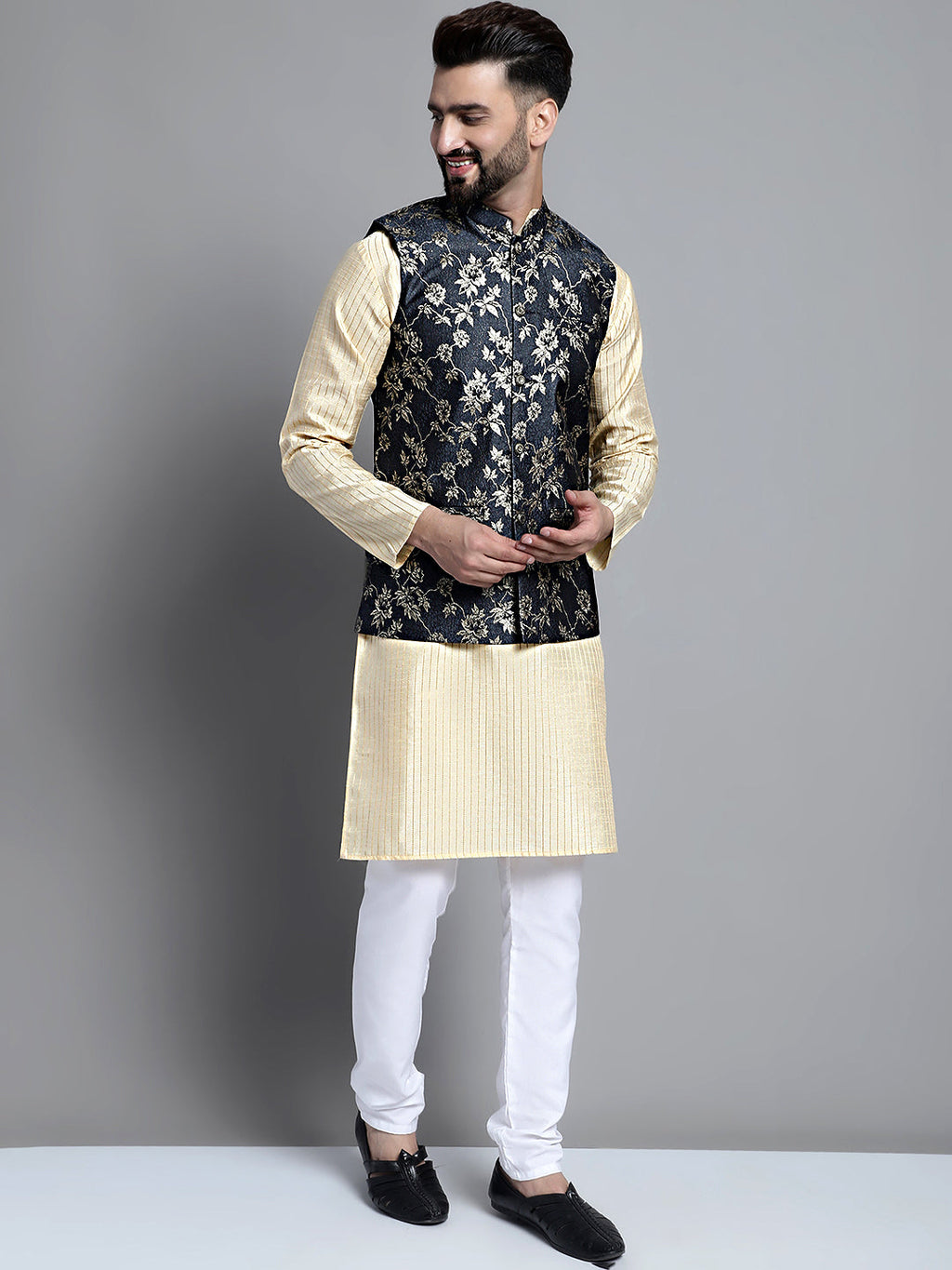 Jompers Men's Beige Embroidered Kurta Pyjama With Woven Design Nehru Jacket