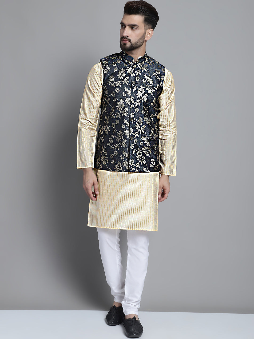 Jompers Men's Beige Embroidered Kurta Pyjama With Woven Design Nehru Jacket