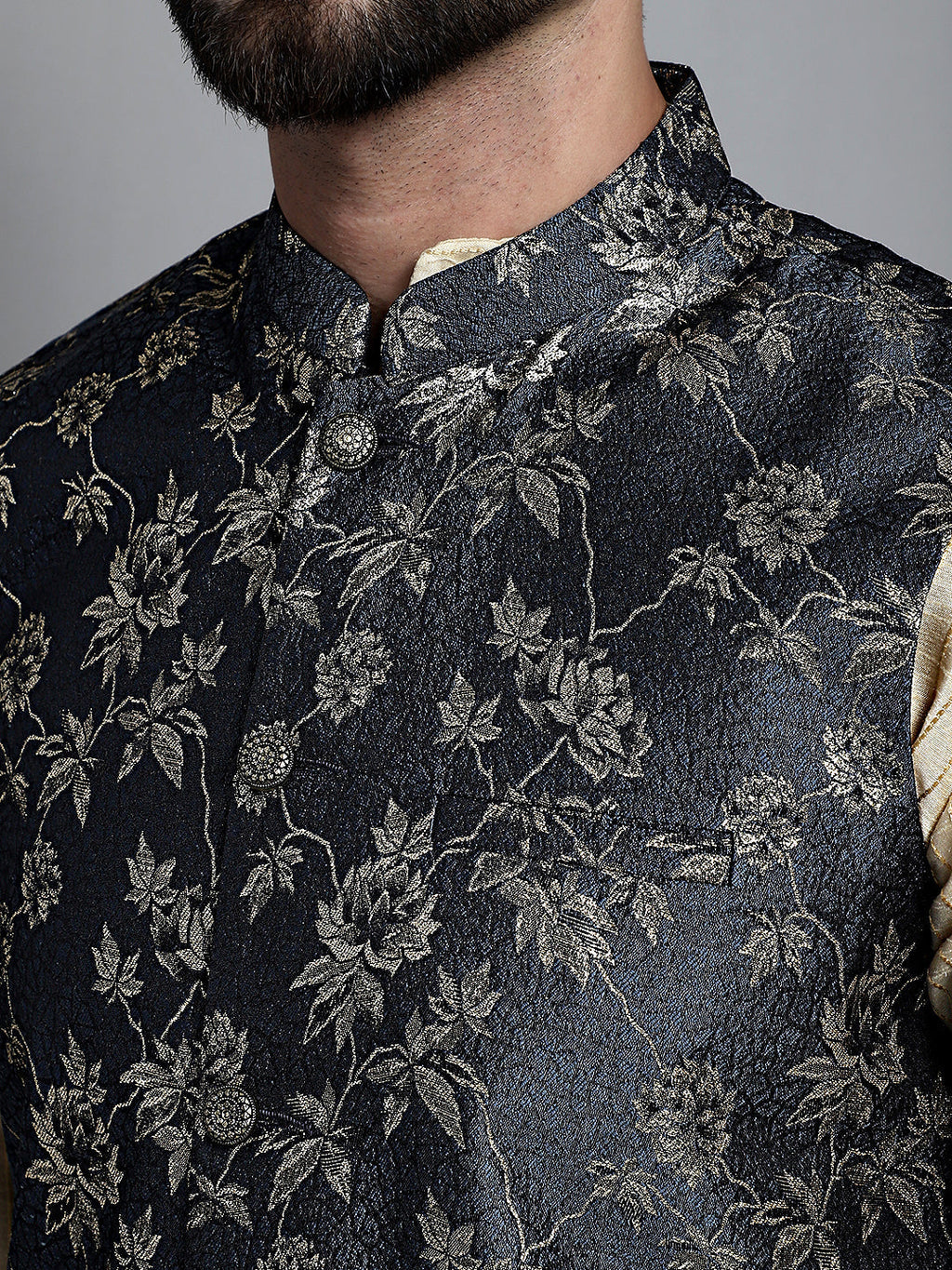 Jompers Men's Beige Embroidered Kurta Pyjama With Woven Design Nehru Jacket