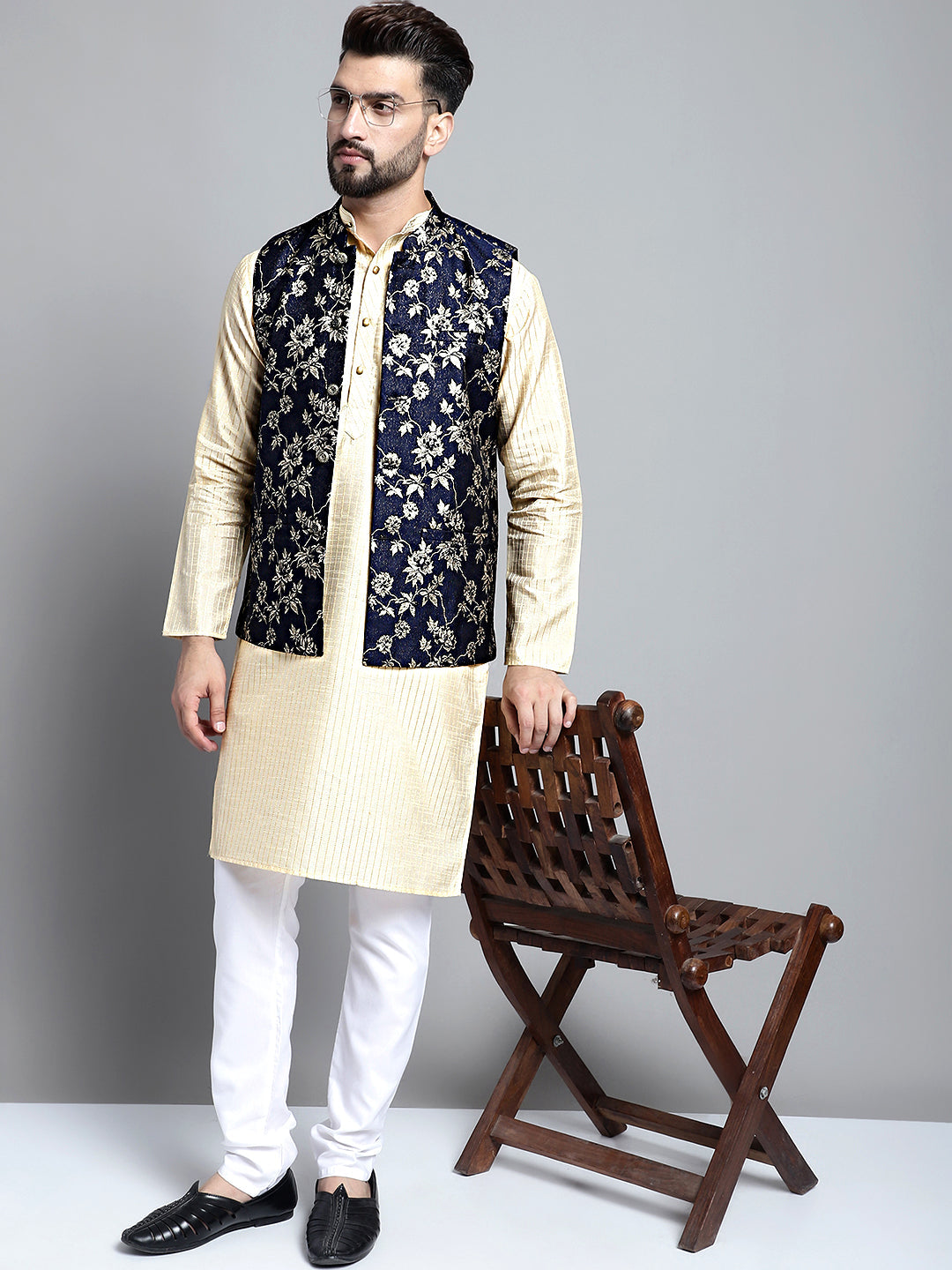 Jompers Men's Beige Embroidered Kurta Pyjama With Woven Design Nehru Jacket