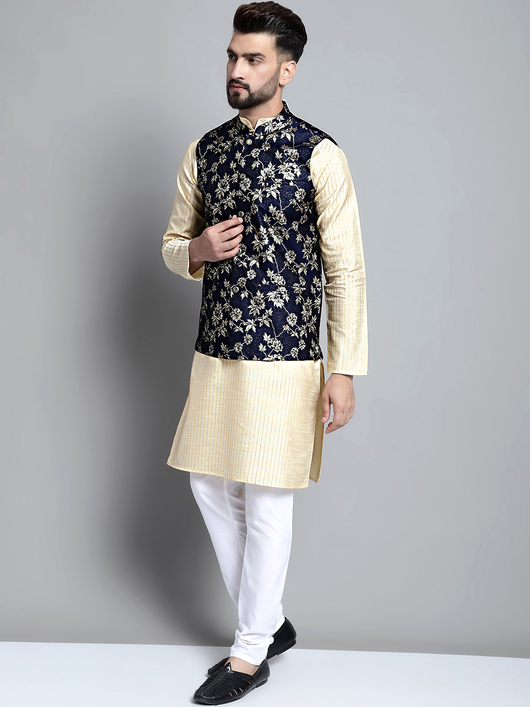 Jompers Men's Beige Embroidered Kurta Pyjama With Woven Design Nehru Jacket