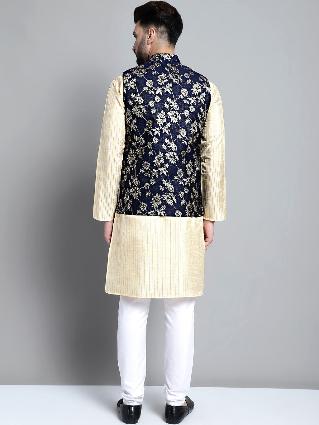 Jompers Men's Beige Embroidered Kurta Pyjama With Woven Design Nehru Jacket