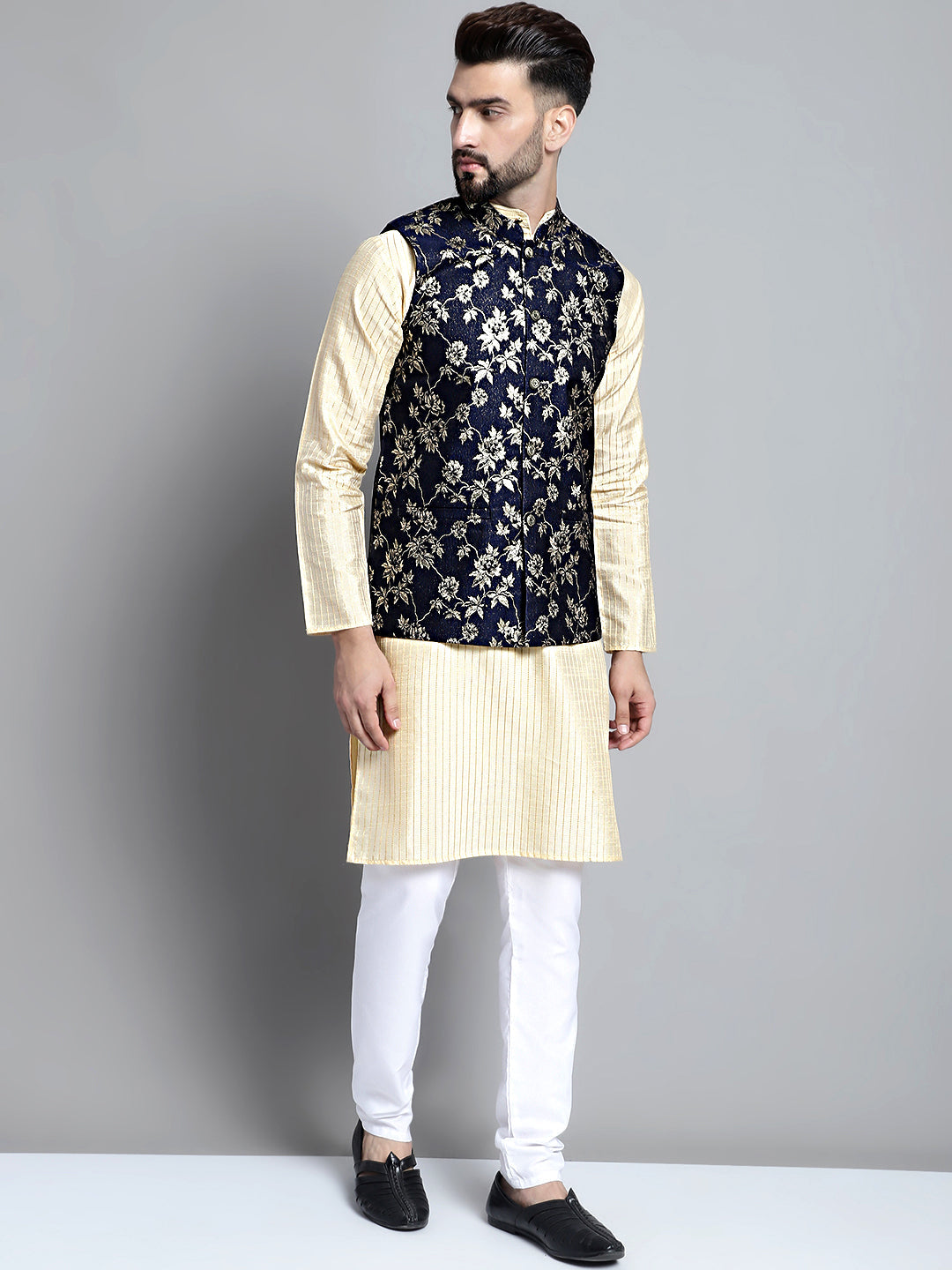 Jompers Men's Beige Embroidered Kurta Pyjama With Woven Design Nehru Jacket