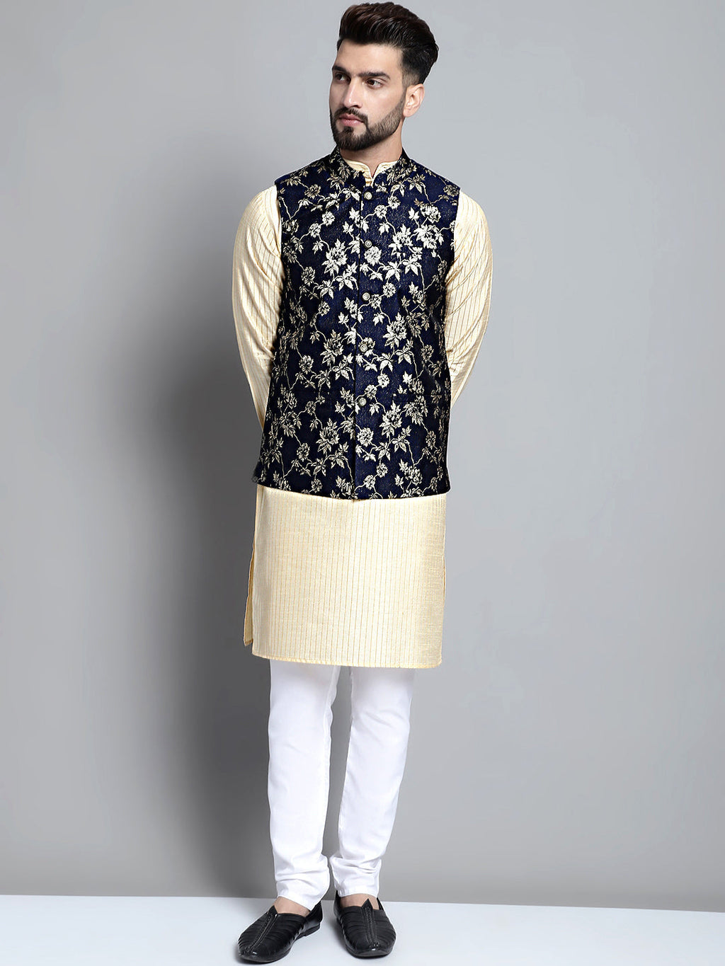 Jompers Men's Beige Embroidered Kurta Pyjama With Woven Design Nehru Jacket