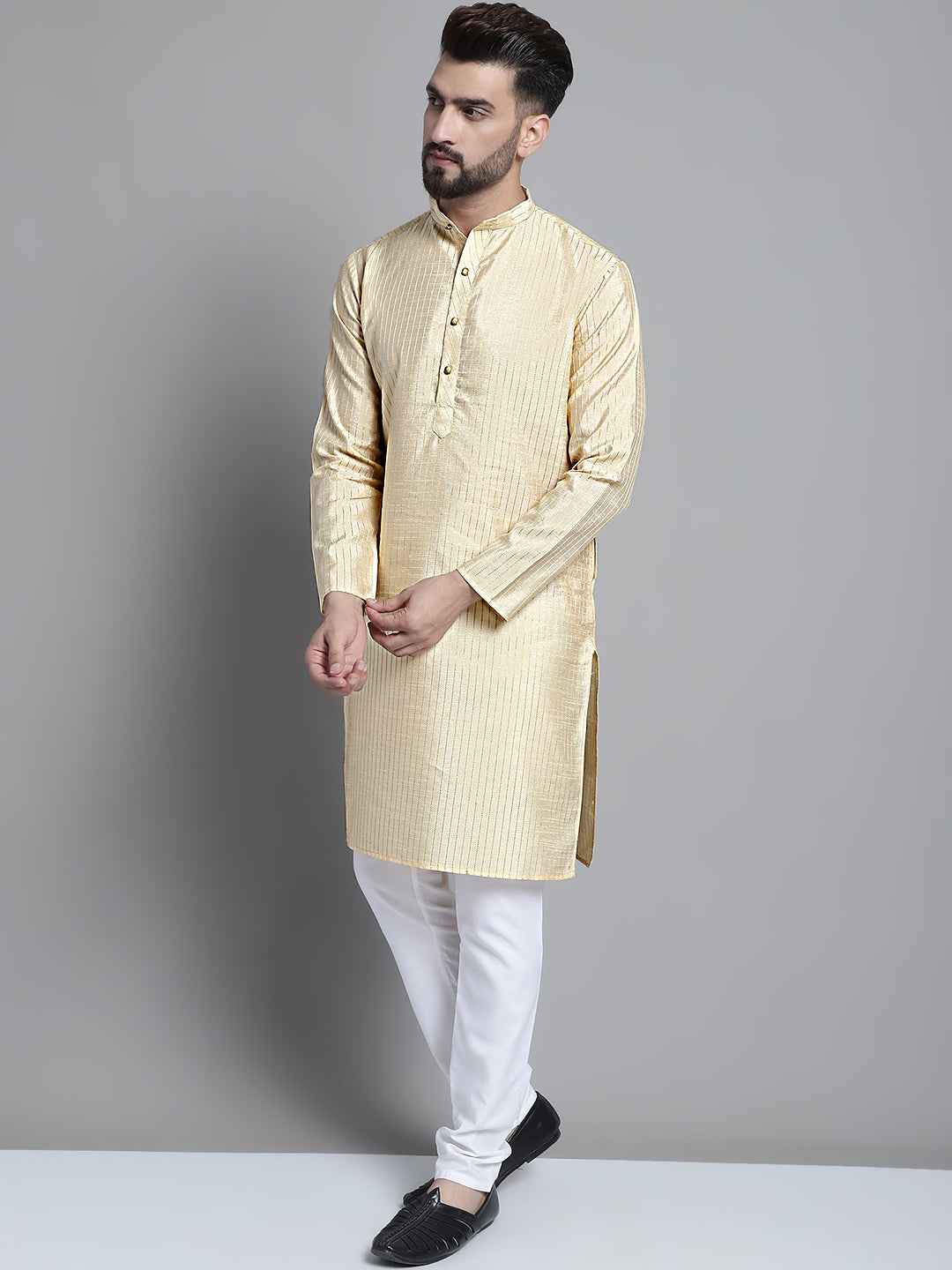 Jompers Men's Beige Embroidered Kurta Pyjama With Woven Design Nehru Jacket