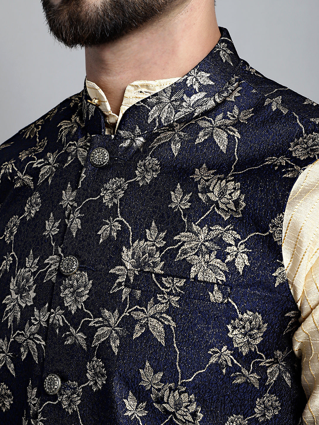 Jompers Men's Beige Embroidered Kurta Pyjama With Woven Design Nehru Jacket