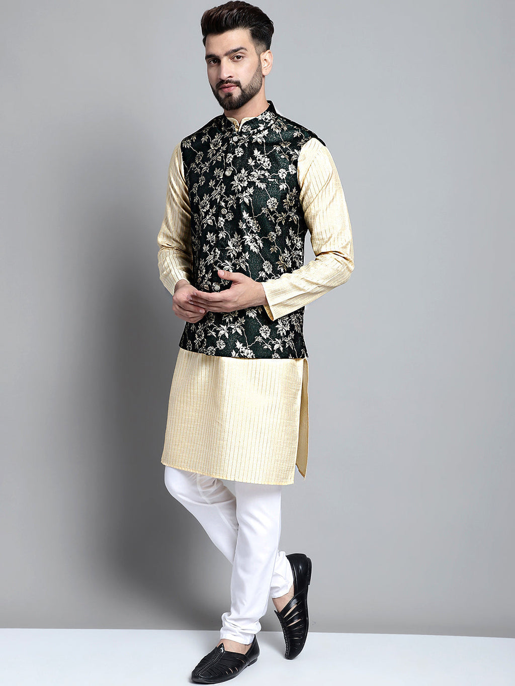 Jompers Men's Beige Embroidered Kurta Pyjama With Woven Design Nehru Jacket