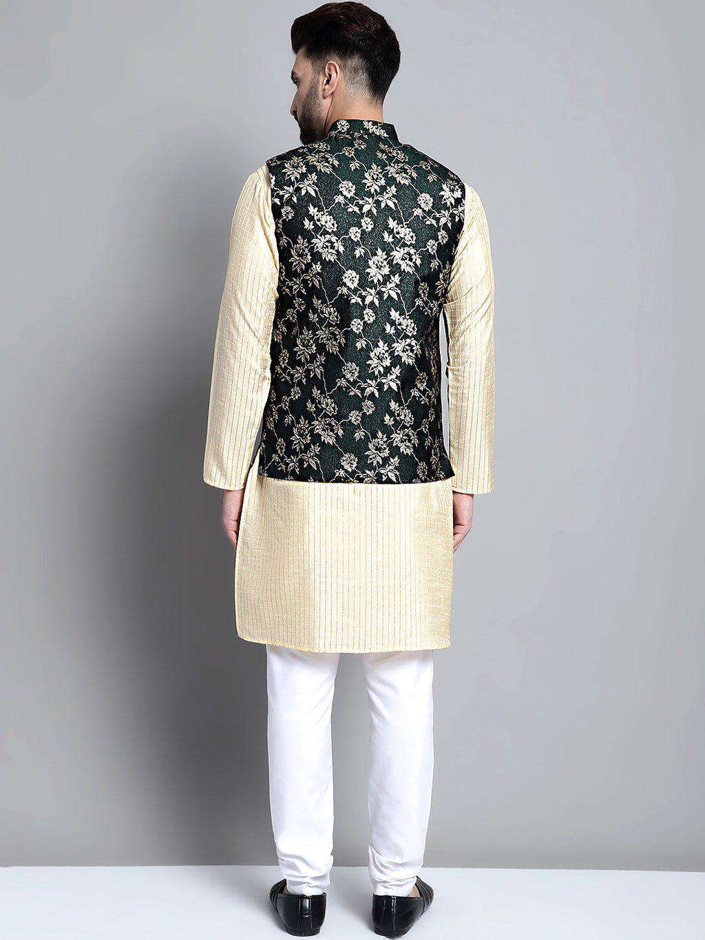 Jompers Men's Beige Embroidered Kurta Pyjama With Woven Design Nehru Jacket
