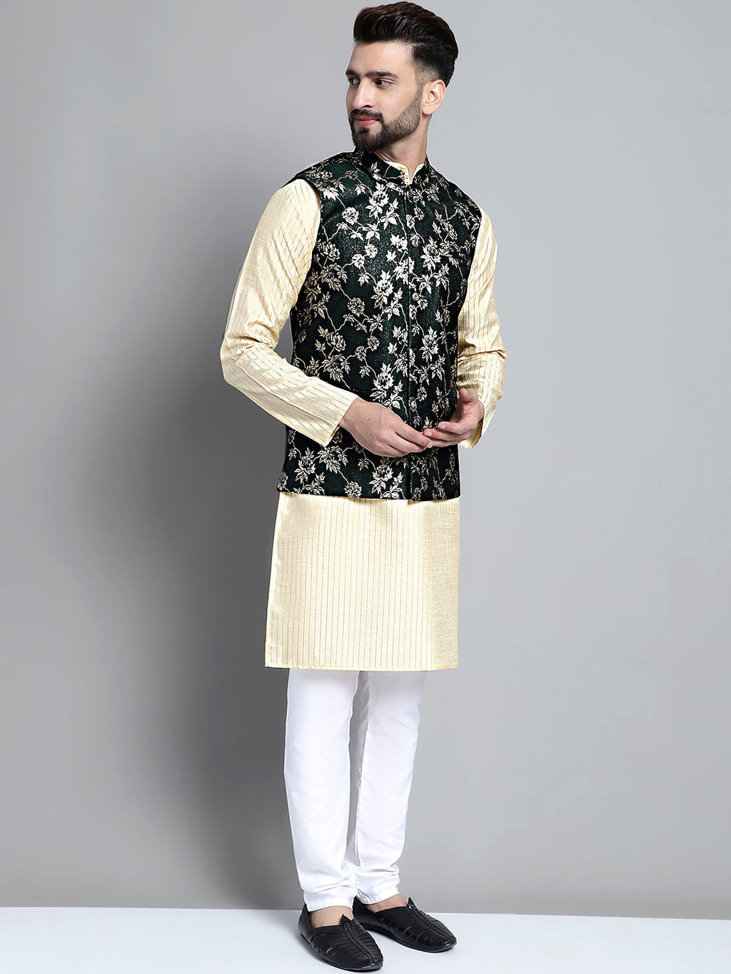 Jompers Men's Beige Embroidered Kurta Pyjama With Woven Design Nehru Jacket