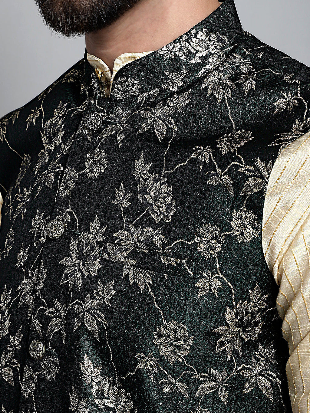 Jompers Men's Beige Embroidered Kurta Pyjama With Woven Design Nehru Jacket