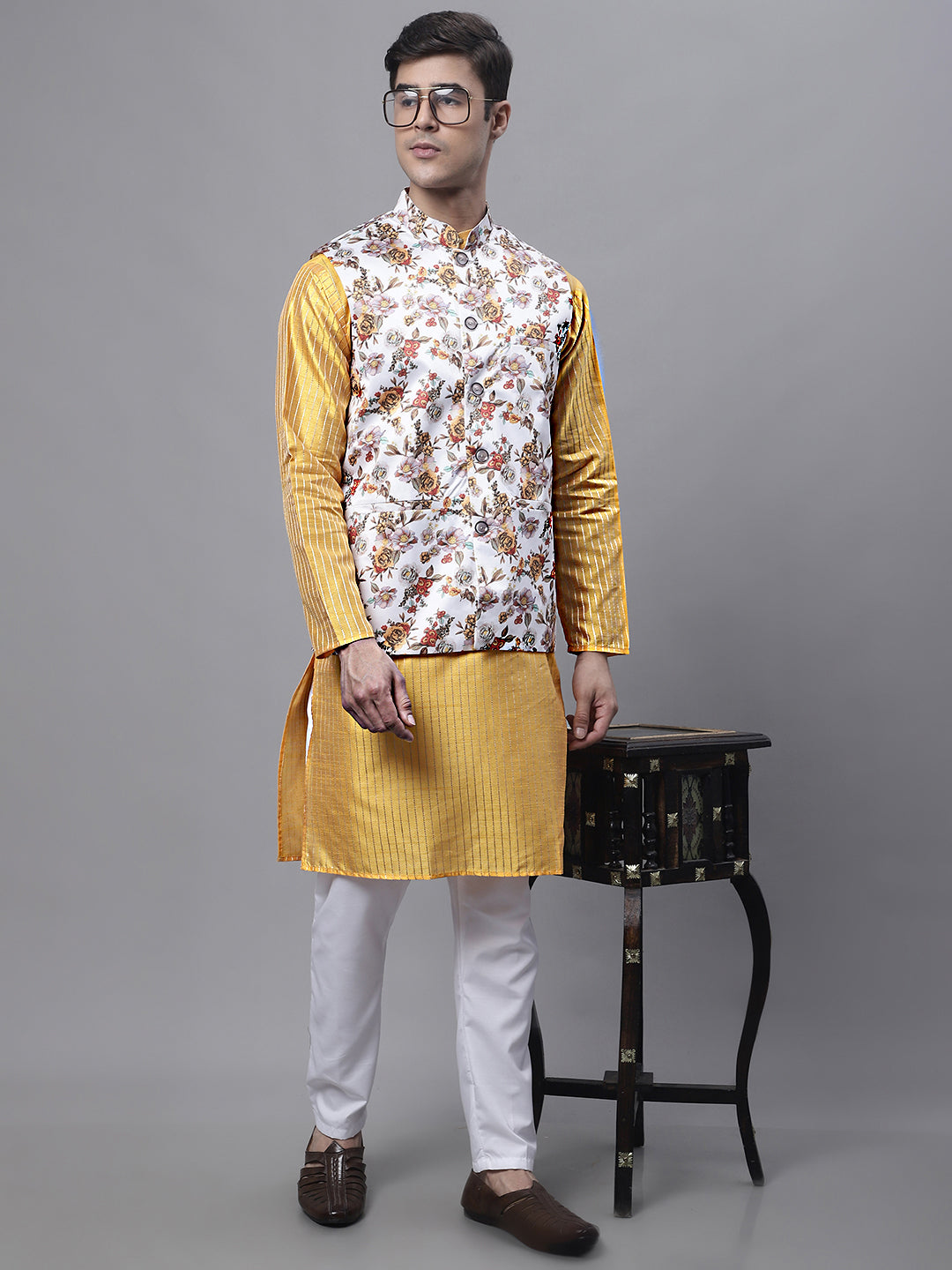 Jompers Men's Mustard Embroidered Kurta Pyjama With Wihte Printed Nehru Jacket