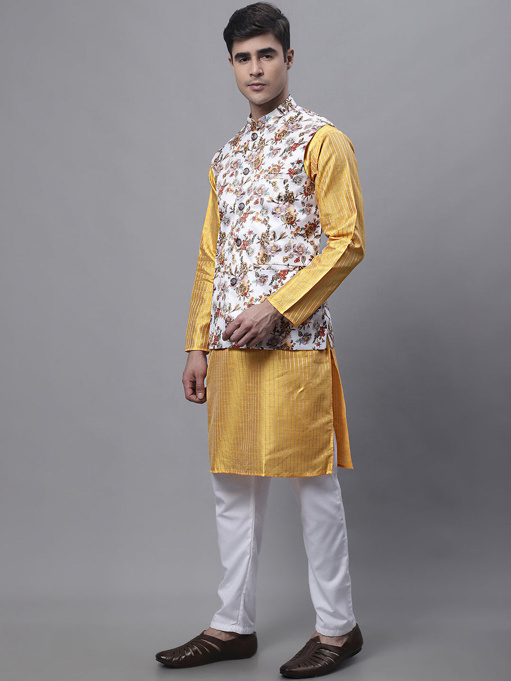 Jompers Men's Mustard Embroidered Kurta Pyjama With Wihte Printed Nehru Jacket