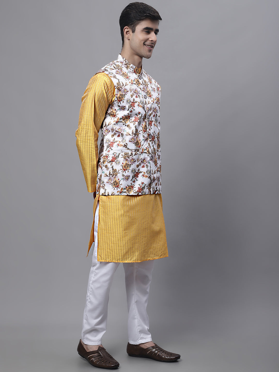Jompers Men's Mustard Embroidered Kurta Pyjama With Wihte Printed Nehru Jacket