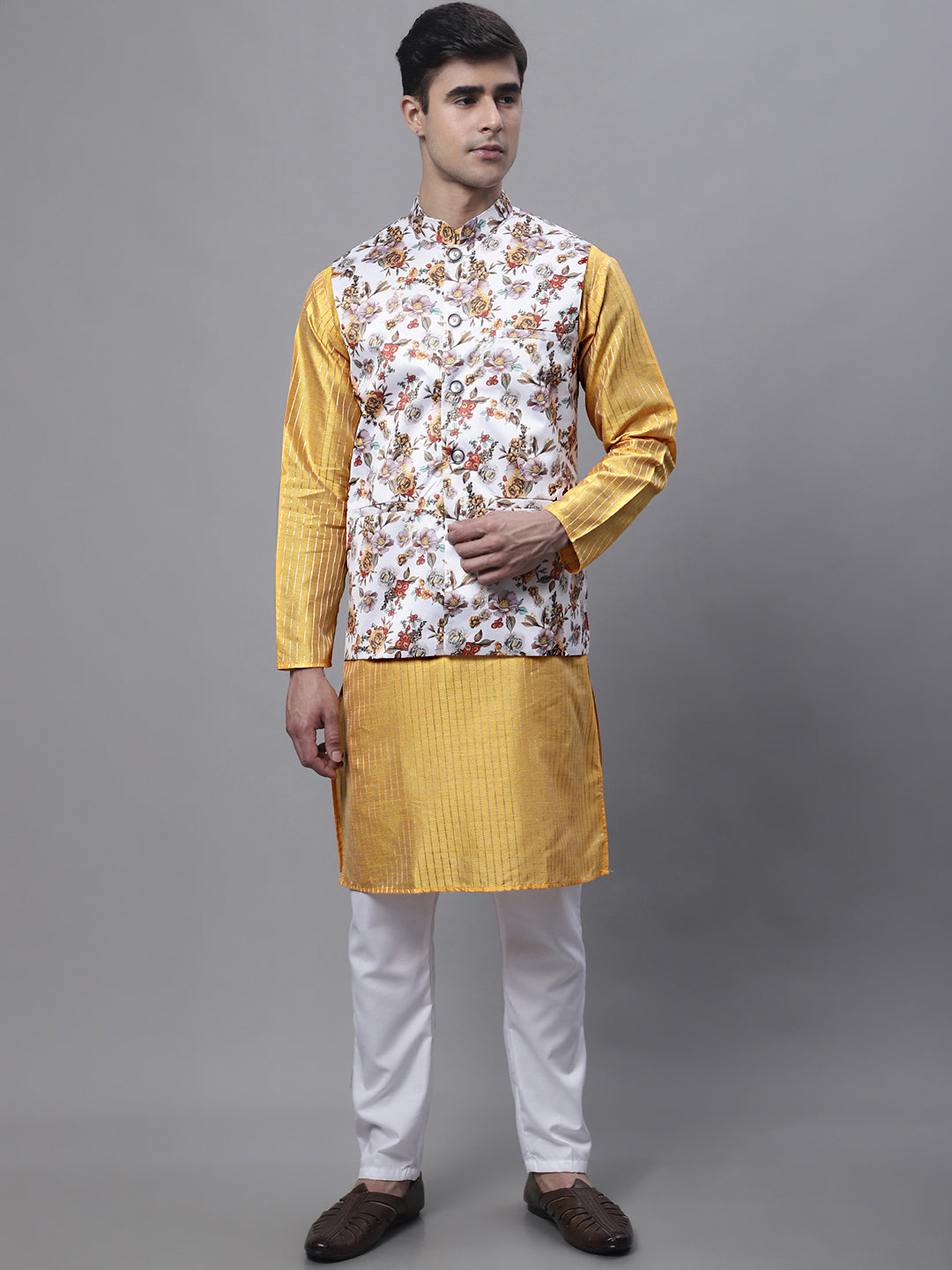 Jompers Men's Mustard Embroidered Kurta Pyjama With Wihte Printed Nehru Jacket